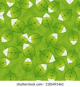 A seamless pattern of leaves arranged randomly on the background of parquet squares.