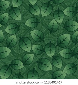 A seamless pattern of leaves arranged randomly on the background of parquet squares.