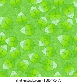 A seamless pattern of leaves arranged randomly on the background of parquet squares.