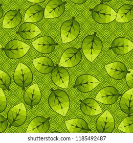 A seamless pattern of leaves arranged randomly on a background of crosses and octagons.