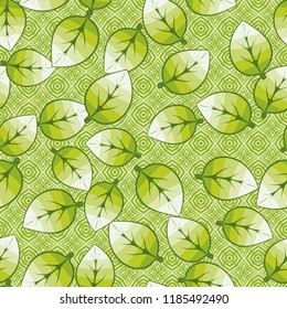A seamless pattern of leaves arranged randomly on a background of crosses and octagons.