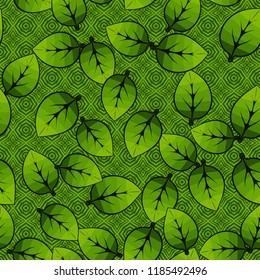 A seamless pattern of leaves arranged randomly on a background of crosses and octagons.