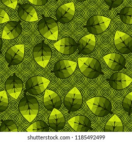 A seamless pattern of leaves arranged randomly on a background of crosses and octagons.