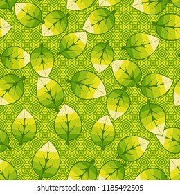 A seamless pattern of leaves arranged randomly on a background of crosses and octagons.