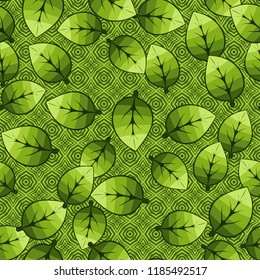 A seamless pattern of leaves arranged randomly on a background of crosses and octagons.