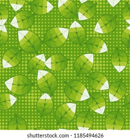 A seamless pattern of leaves arranged randomly in the background of rows of round spots.