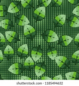 A seamless pattern of leaves arranged randomly in the background of rows of round spots.