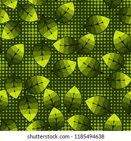 A seamless pattern of leaves arranged randomly in the background of rows of round spots.
