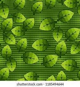 A seamless pattern of leaves arranged randomly in the background of rows of round spots.