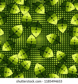 A seamless pattern of leaves arranged randomly in the background of rows of round spots.