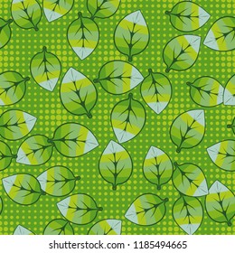 A seamless pattern of leaves arranged randomly in the background of rows of round spots.