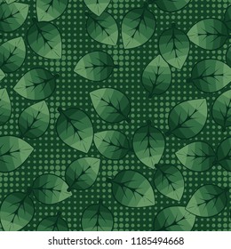 A seamless pattern of leaves arranged randomly in the background of rows of round spots.