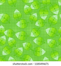 A seamless pattern of leaves arranged randomly in the background of rows of round spots.