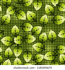 A seamless pattern of leaves arranged randomly in the background of rows of round spots.