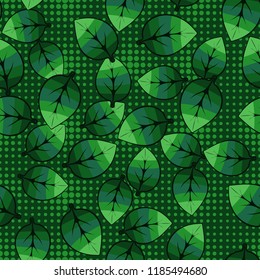 A seamless pattern of leaves arranged randomly in the background of rows of round spots.