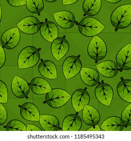 A seamless pattern of leaves arranged randomly on a background of diagonally striped squares.