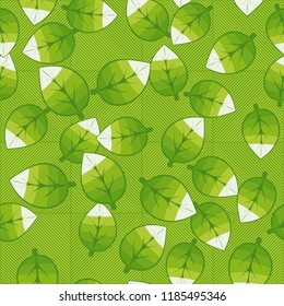 A seamless pattern of leaves arranged randomly on a background of diagonally striped squares.