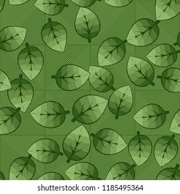 A seamless pattern of leaves arranged randomly on a background of diagonally striped squares.