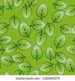 A seamless pattern of leaves arranged randomly on a background of diagonally striped squares.