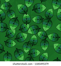 A seamless pattern of leaves arranged randomly on a background of diagonally striped squares.