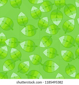 A seamless pattern of leaves arranged randomly on a background of diagonally striped squares.