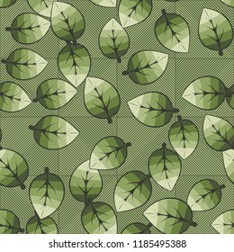 A seamless pattern of leaves arranged randomly on a background of diagonally striped squares.