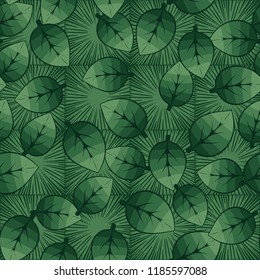 A seamless pattern of leaves arranged randomly on a background of square suns.