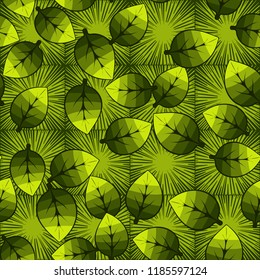 A seamless pattern of leaves arranged randomly on a background of square suns.