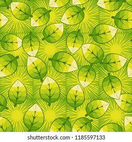 A seamless pattern of leaves arranged randomly on a background of square suns.