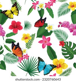 Seamless pattern of leaves arranged randomly but still beautiful with butterflies on them.Vector illustration.