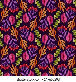 Seamless pattern with leaves and ash-berry