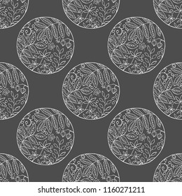 Seamless pattern with leaves. Autumn pattern. Hand drawn vector illustration. Images of leaves and berries in a circle.