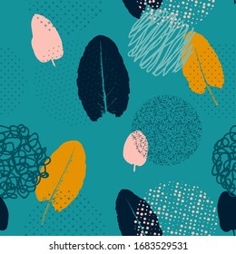Seamless pattern with leaves. Beautiful background with hand-drawn plants and circles. Nature vector print.