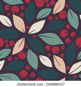 Seamless pattern with leaves and berries
