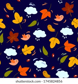 Seamless pattern with leaves, berries, birds and branches. Cute autumn, forest background. For children's fabrics, clothes, packaging, wallpaper.