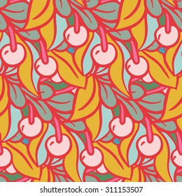 Seamless pattern with leaves and berries  in doodle style.  Vector illustration. 
