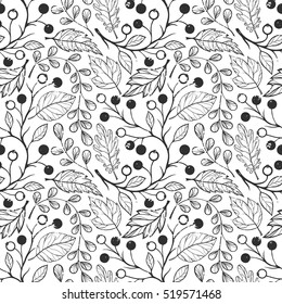 Seamless pattern. Pattern with leaves and berries. Hand drawn stylized elements. Decorative background for greeting cards, prints, flyer, textile and more.