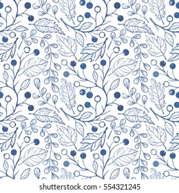 Seamless pattern. Pattern with leaves and berries. Hand drawn stylized elements. Decorative background for greeting cards, prints, flyer and so much more.