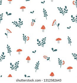 Seamless pattern with leaves, berries and mushrooms