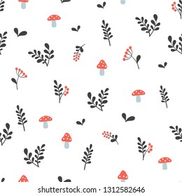 Seamless pattern with leaves, berries and mushrooms