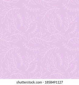 Nahtloses Muster mit Blättern und Beeren auf lila Hintergrund. Modernes Design für Gewebe und Papier, Oberflächenstruktur.