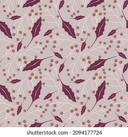seamless pattern with leaves and berries on pink background