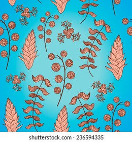 seamless pattern with leaves and berries on a blue background