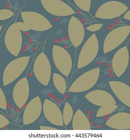 Seamless pattern with leaves and berries on dark blue background