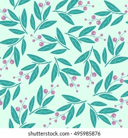 Seamless pattern with leaves and berries on light green background