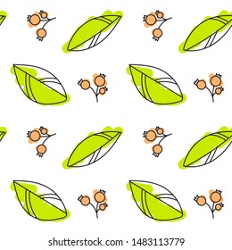 Seamless pattern leaves and berries. Simple line drawing