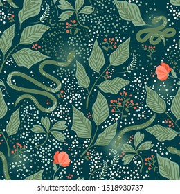 Seamless pattern with leaves, berries and snakes in the night garden, vector illustration