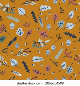 Seamless pattern with leaves, berries, strobiles, oak acorns on ochre background. Autumn forest concept. For textile, surface design and other design projects