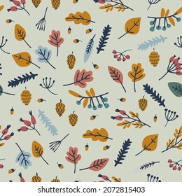 Seamless pattern with leaves, berries, strobiles, oak acorns on light-colored background. Autumn forest concept. For textile, surface design and other design projects