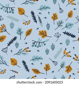 Nahtloses Muster mit Blättern, Beeren, Streicheln, Eichenhölzern auf blauem Hintergrund. Herbstwaldkonzept. Für Textil-, Oberflächendesign- und andere Design-Projekte